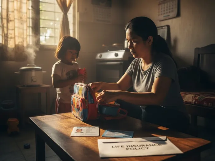 filipinos need philhealth hmo life insurance pinay morning Filipina preparing her child for school beside PhilHealth, HMO, and insurance documents.