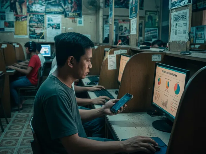how credit score is calculated ph Filipino man checking how credit scores are calculated inside a local computer shop.