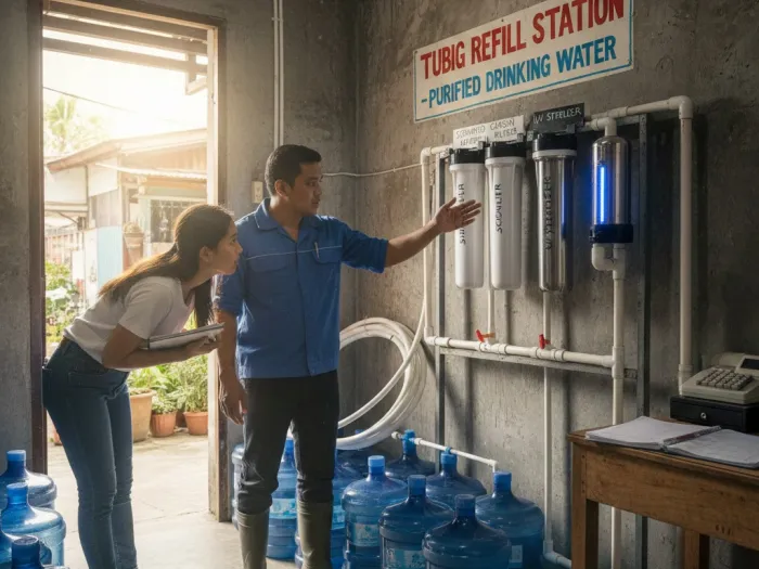 how water refilling station works philippines Filipino technician explaining how a water refilling station filtration system works in the Philippines.