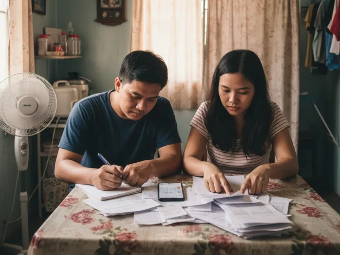 improving credit score step by step ph Filipino couple reviewing bills and organizing payments to improve their credit score.
