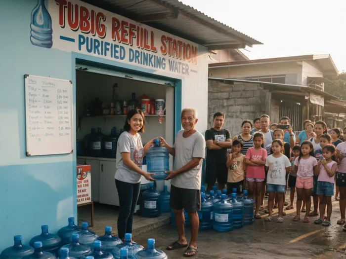 launch water refilling station start operations ph Filipino owner serving the first customer during the launch of a water refilling station.
