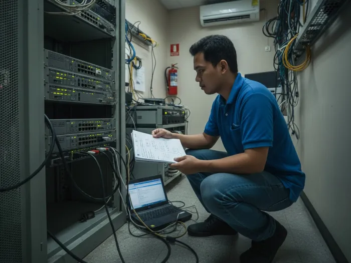 networking certifications cisco juniper filipinos philippines Filipino network technician working on routers and switches while preparing for Cisco certification.