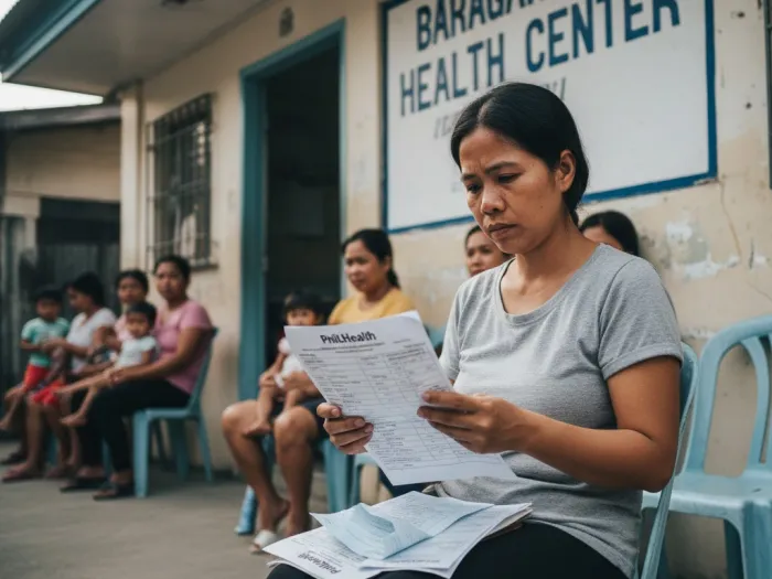 philhealth coverage pinay barangay center Filipina reviewing PhilHealth coverage outside a barangay health center.