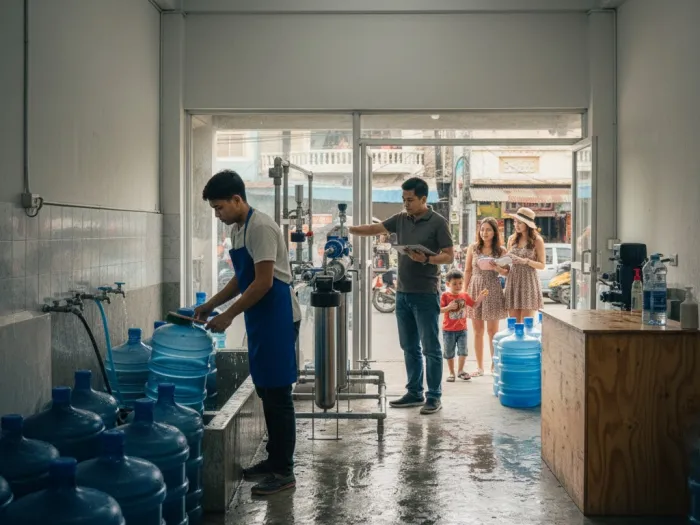 setup facility hire staff water refilling station ph Filipino workers preparing the facility and equipment for a new water refilling station.