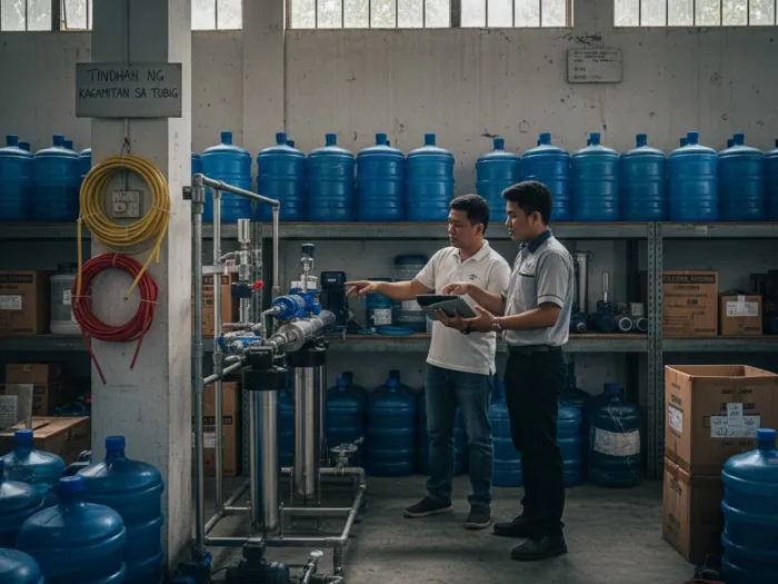 water refilling equipment filtration system philippines Filipino entrepreneur selecting water filtration equipment for a water refilling station.